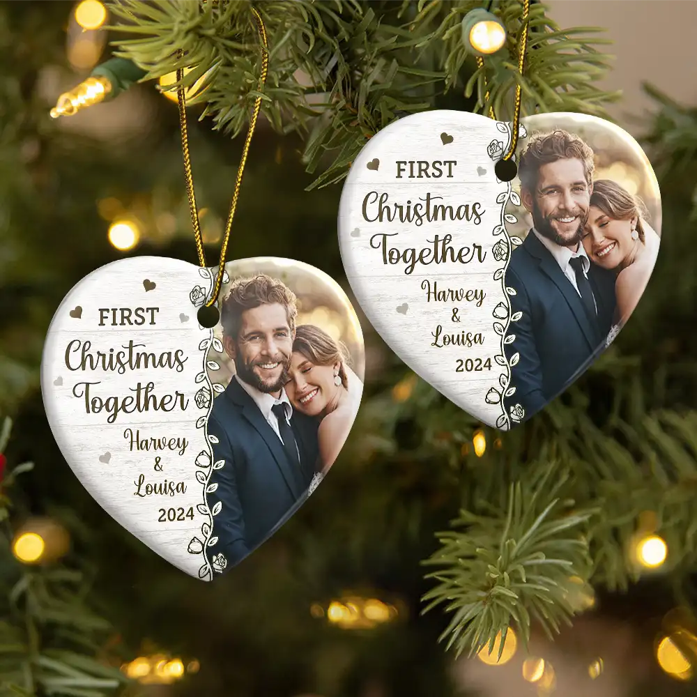 Wedding, Gift For Couples, Gift For Husband, Gift For Wife, Gift For Boyfriend, Gift For Girlfriend - Custom Photo First Christmas Married - Personalized Heart Ceramic Ornament