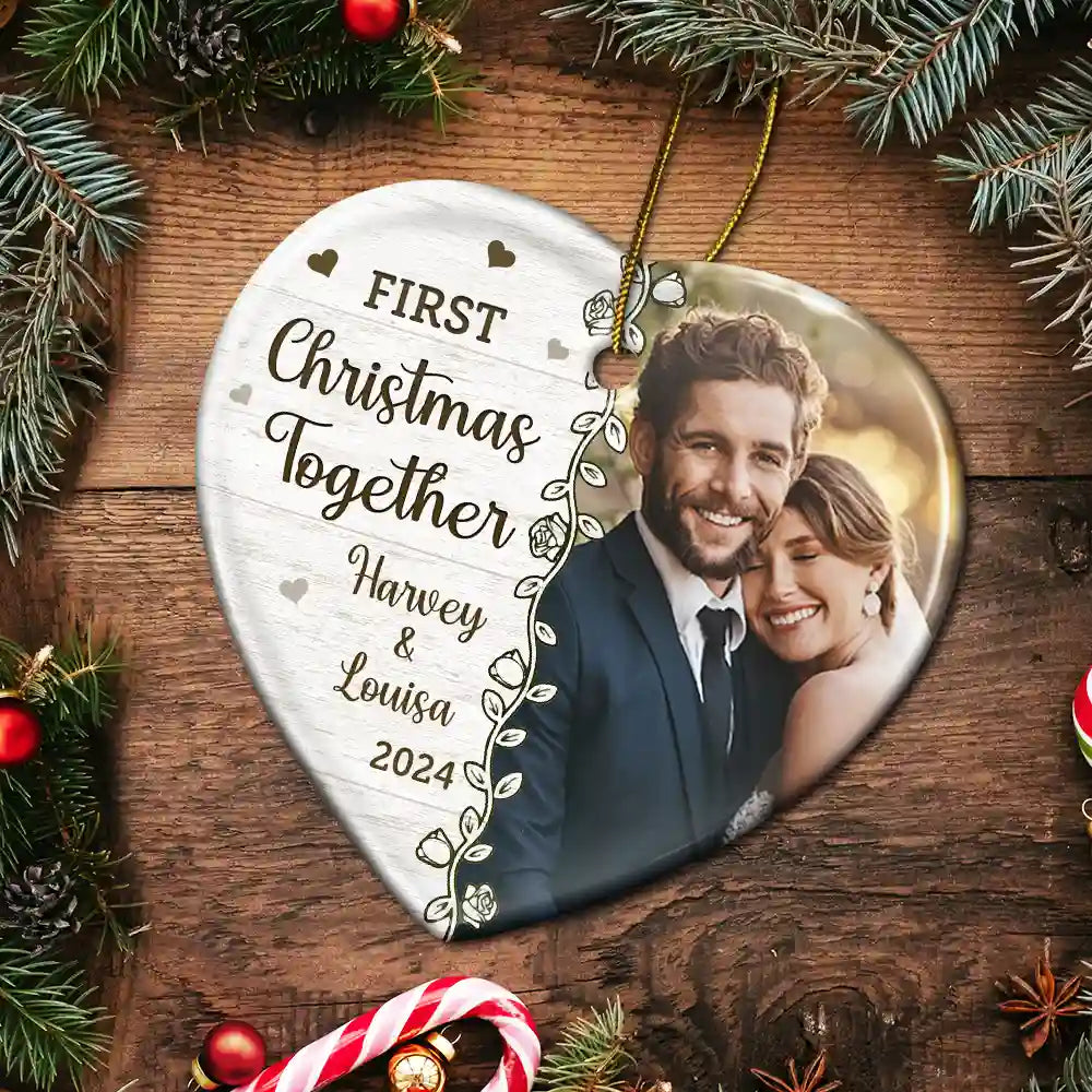 Wedding, Gift For Couples, Gift For Husband, Gift For Wife, Gift For Boyfriend, Gift For Girlfriend - Custom Photo First Christmas Married - Personalized Heart Ceramic Ornament