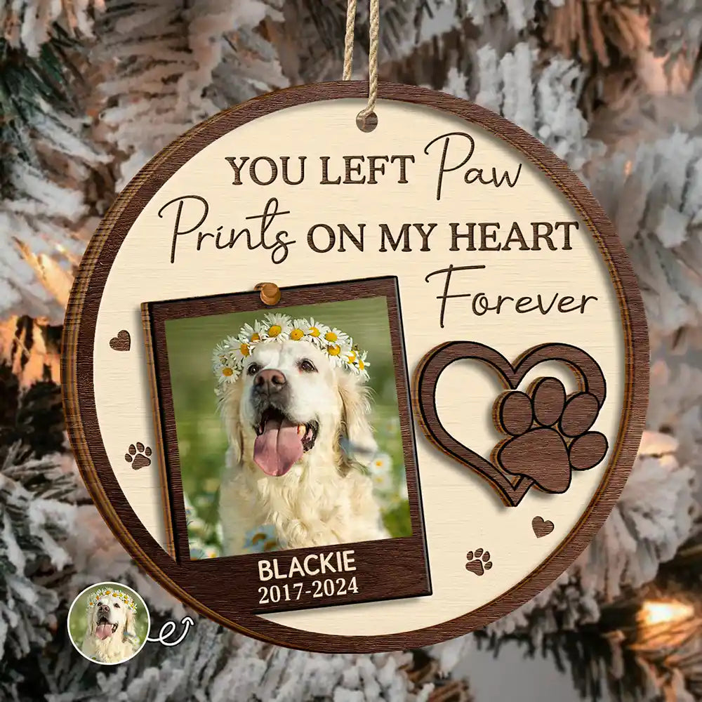 Pet Lovers, Dog Lovers, Cat Lovers - Custom Photo You Left Paw Prints On My Heart Forever - Personalized 2-Layered Wooden Ornament