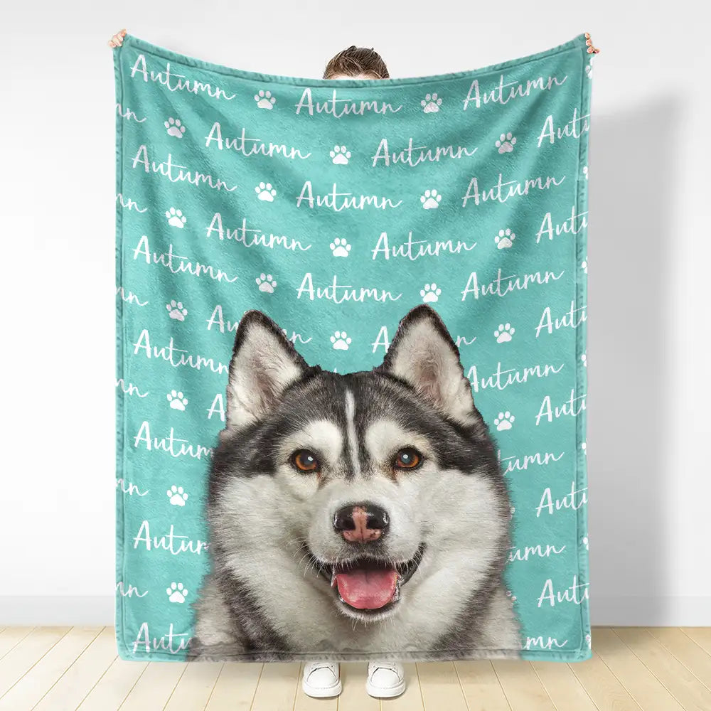 Custom Photo,Pet Lovers,Cat Lovers,Dog Lovers,Happy - Custom Photo Dog Cat Face With Name - Personalized Fleece Blanket, Sherpa Blanket