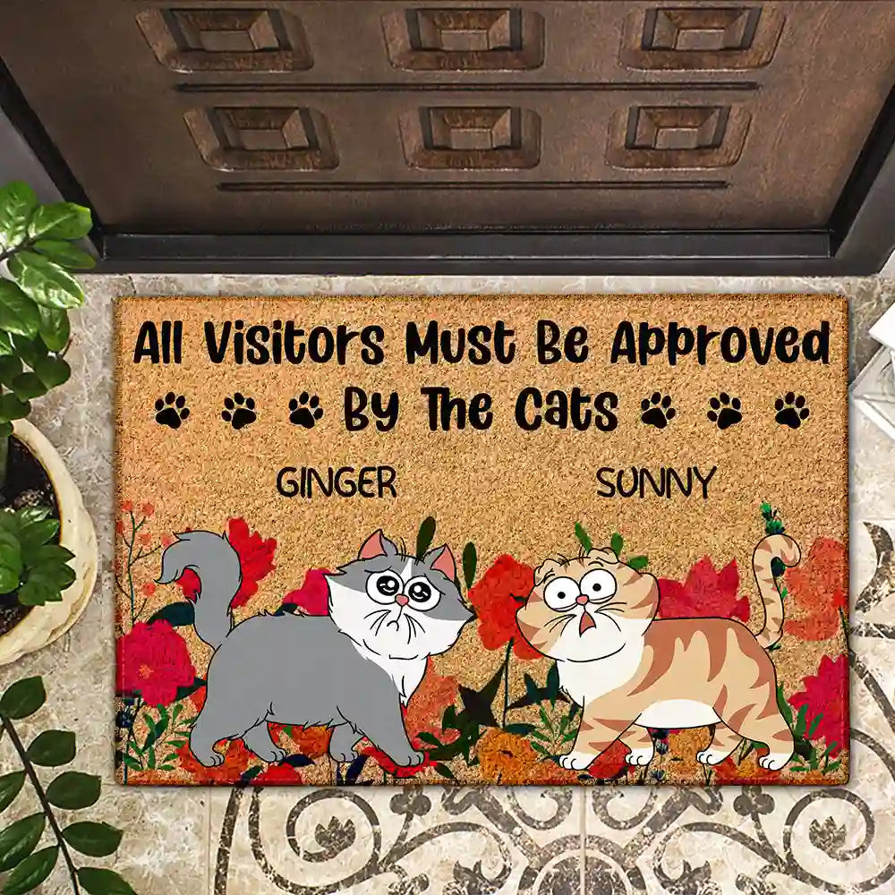 Pet Lovers, Cat Lovers, Cat Couple - All Visitors Must Be Approved By The Cats Flower Garden - Personalized Doormat
