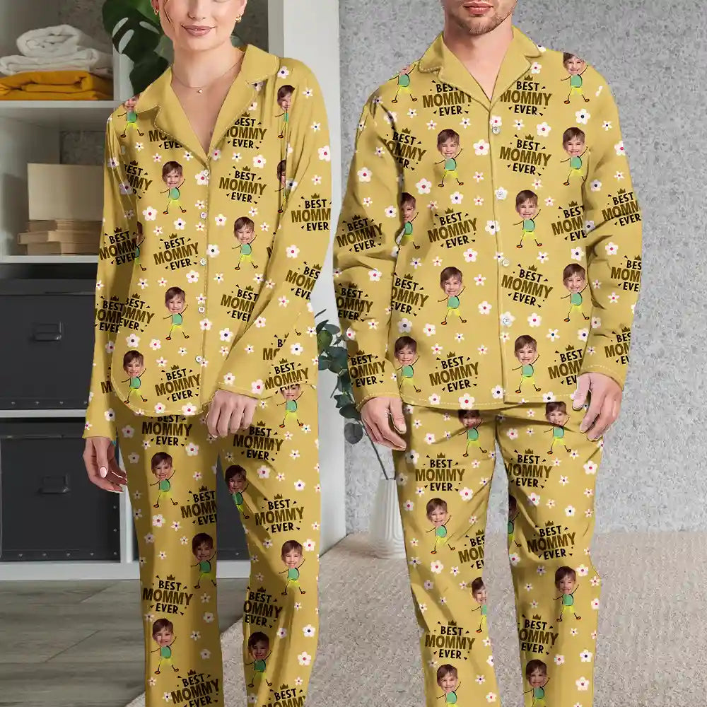 Gift For Mother, Gift For Grandma - Custom Photo Best Mom Grandma Ever Flower Pattern - Personalized Long Pajamas Set