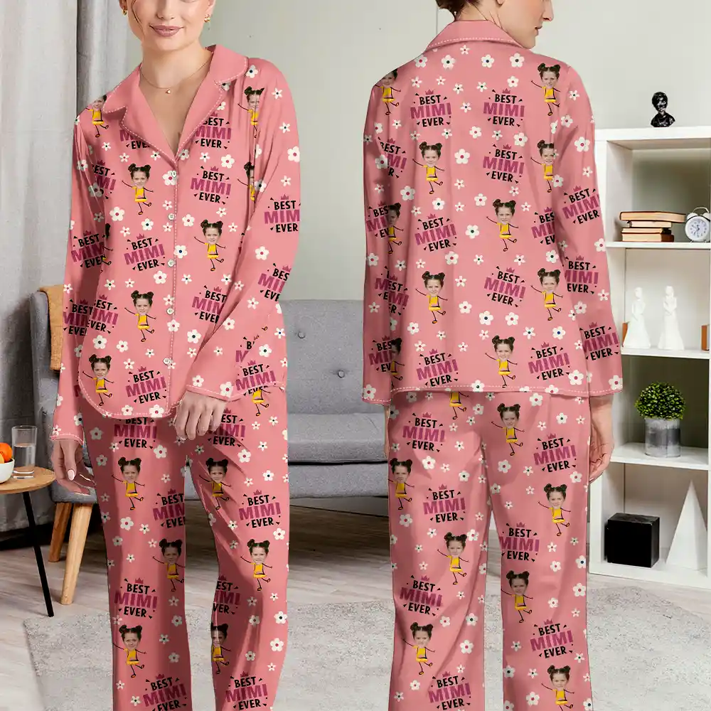 Gift For Mother, Gift For Grandma - Custom Photo Best Mom Grandma Ever Flower Pattern - Personalized Long Pajamas Set