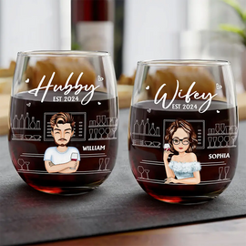 Gift For Couples,Gift For Husband,Love,Gift For Wife - Hubby Wifey Couple - Personalized Stemless Wine Glass