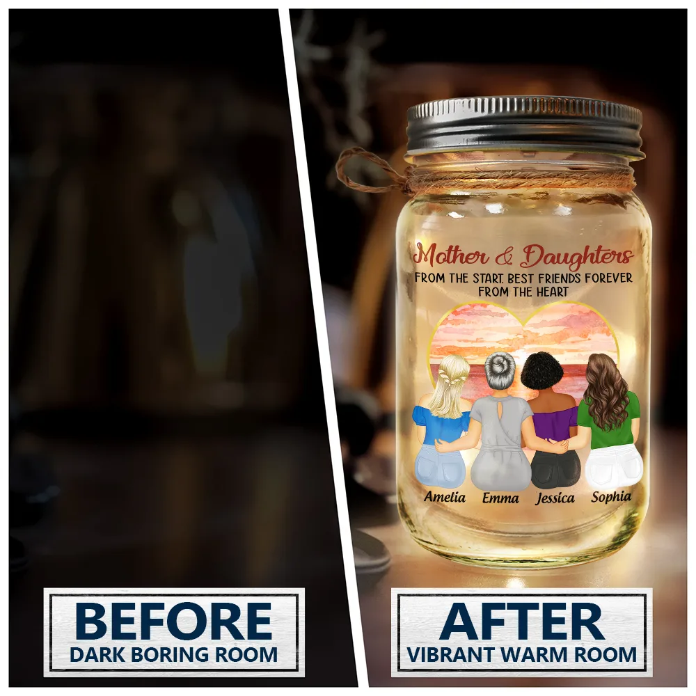 Gift For Mother, Mom - Daughters (Adult), Gift For Daughter - Mother & Daughters Forever Linked Together - Personalized Mason Jar Light