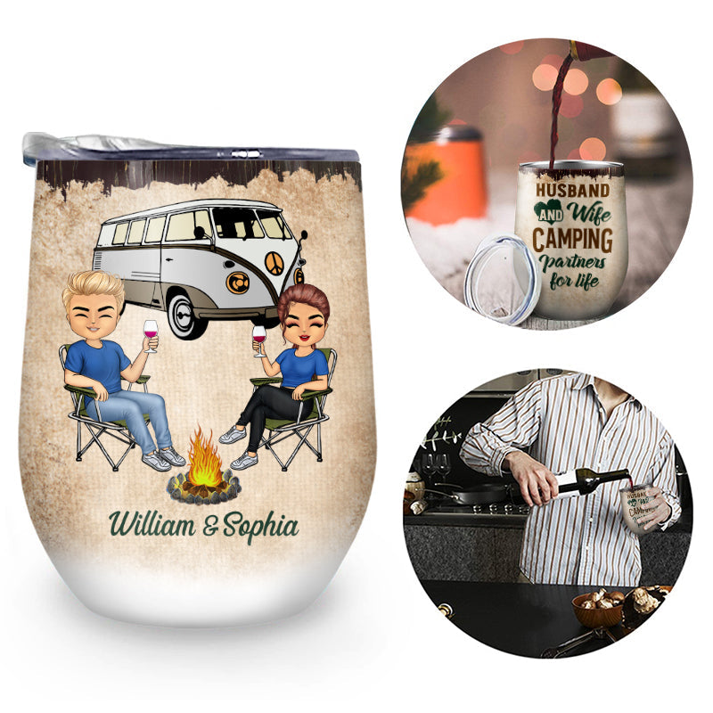 Let's Sit By The Campfire Husband Wife Camping - Couple Gift - Personalized Custom Wine Tumbler