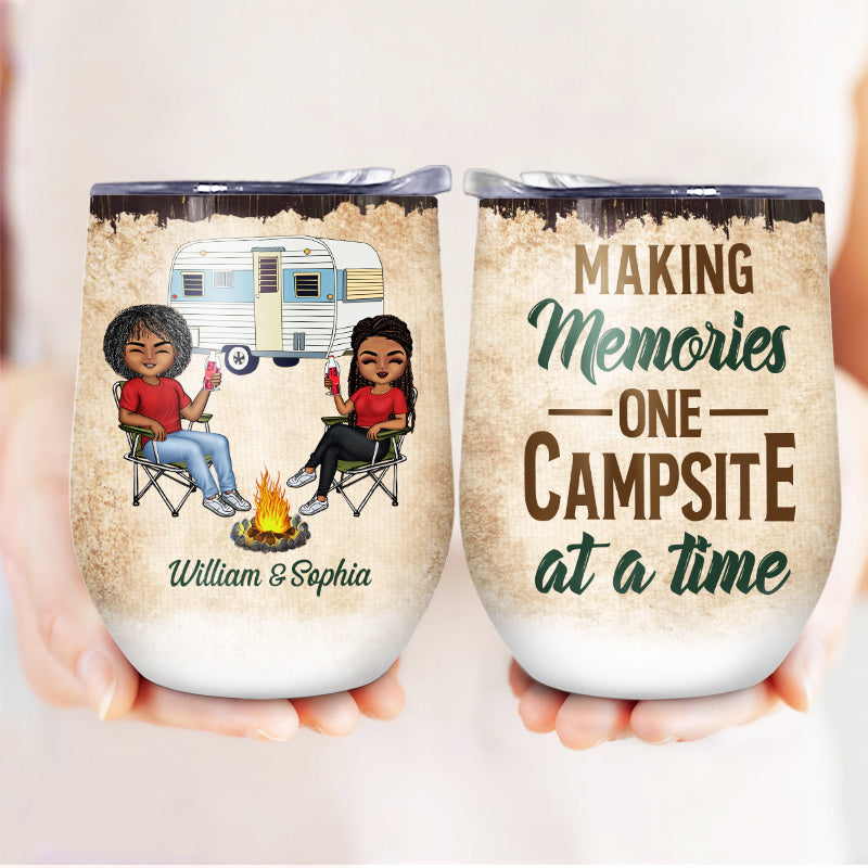 Let's Sit By The Campfire Husband Wife Camping - Couple Gift - Personalized Custom Wine Tumbler