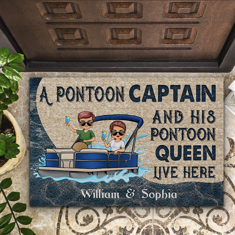 A Pontoon Captain And His Pontoon Queen Live Here - Couple Gift - Personalized Custom Doormat