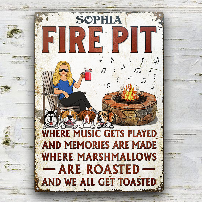 Fire Pit Where Music Gets Played Camping Dog Lovers Vertical - Backyard Sign - Personalized Custom Classic Metal Signs