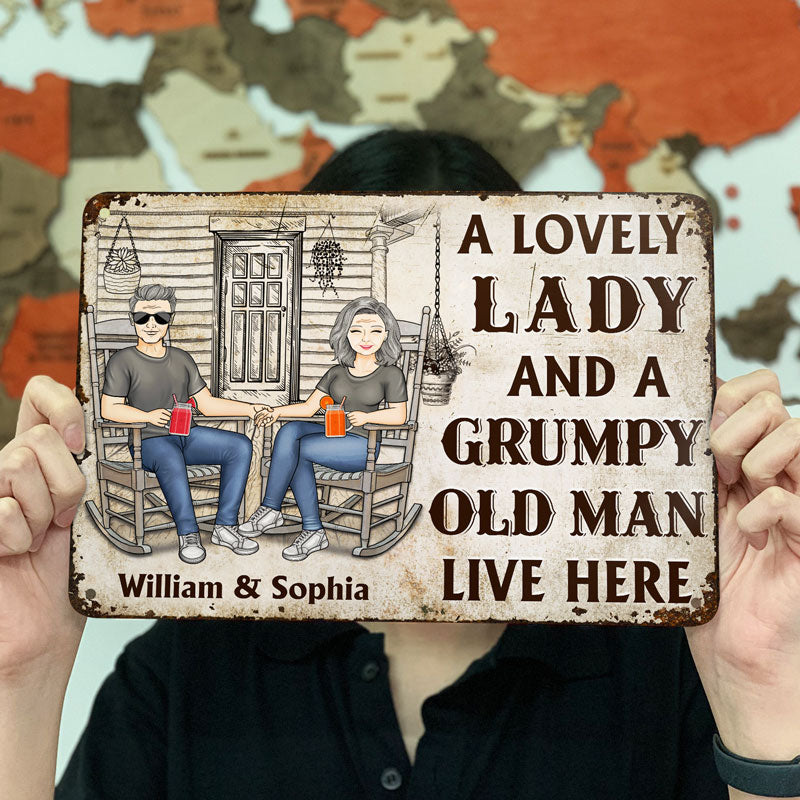 Family Couple A Lovely Lady And A Grumpy Old Man Live Here - Couple Gift - Personalized Custom Classic Metal Signs