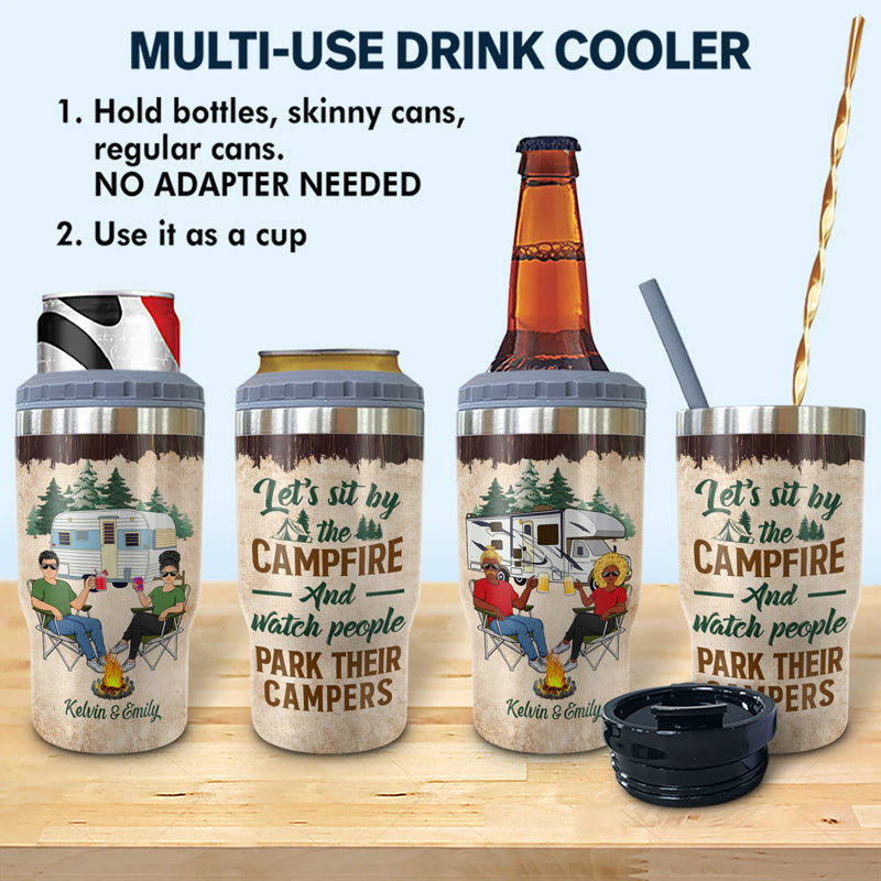 Let's Sit By The Campfire And Watch People Park Their Campers Husband Wife Family - Couple Gift - Personalized Custom Triple 3 In 1 Can Cooler