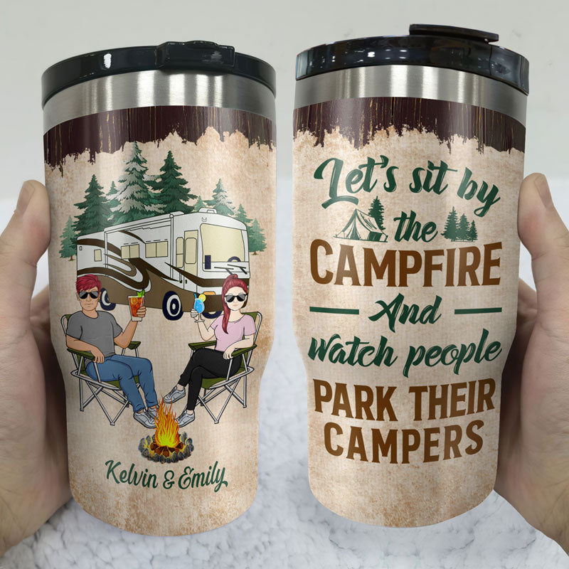 Let's Sit By The Campfire And Watch People Park Their Campers Husband Wife Family - Couple Gift - Personalized Custom Triple 3 In 1 Can Cooler