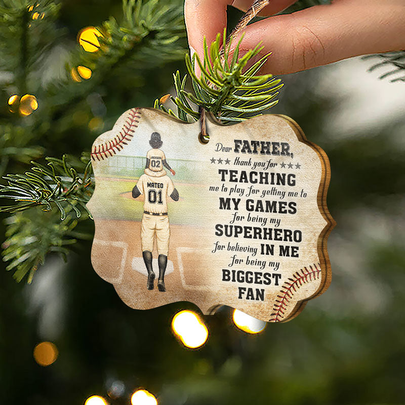 Baseball Dear Dad Thank You For Teaching Me - Christmas Gift For Father - Personalized Wooden Ornament