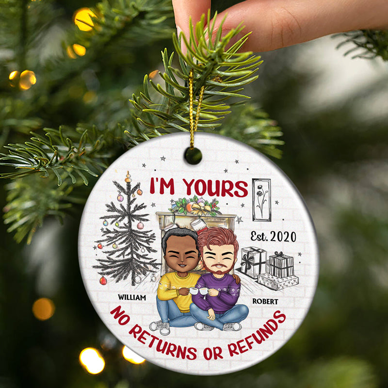 I'm Yours No Returns Or Refunds Chibi - Christmas Gift For Couples - Personalized Custom Circle Ceramic Ornament