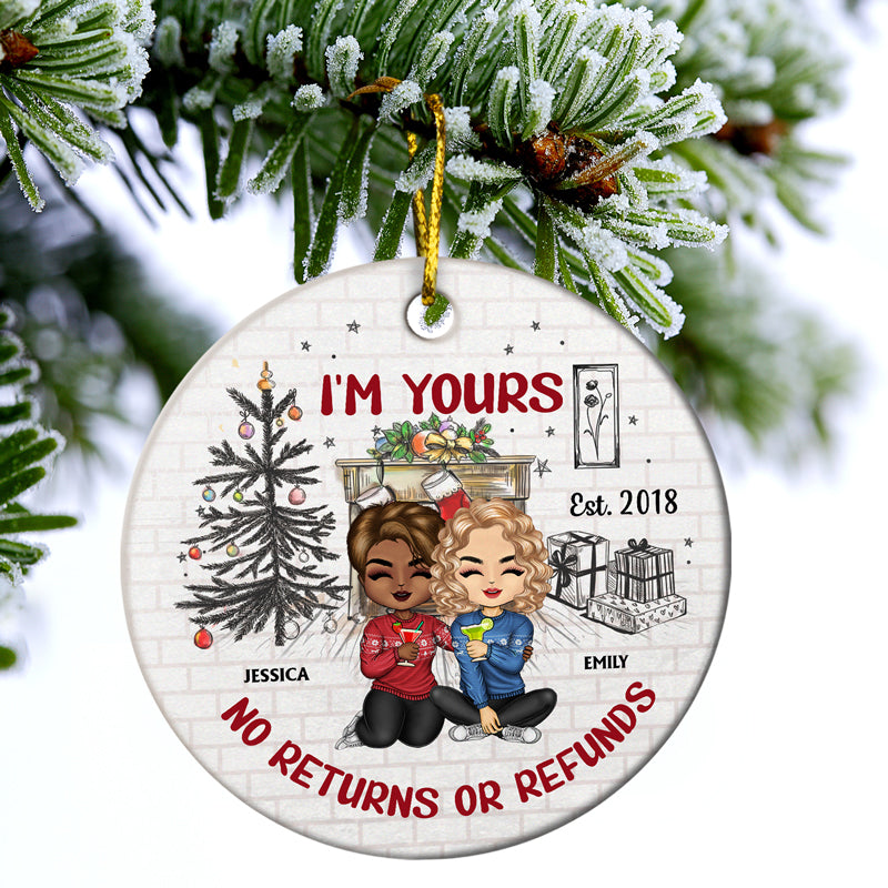 I'm Yours No Returns Or Refunds Chibi - Christmas Gift For Couples - Personalized Custom Circle Ceramic Ornament