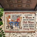 Family Couple A Lovely Lady And Her Grumpy Old Man Live Here With Their Crazy Pets - Gift For Dog Lovers And Cat Lovers - Personalized Custom Doormat