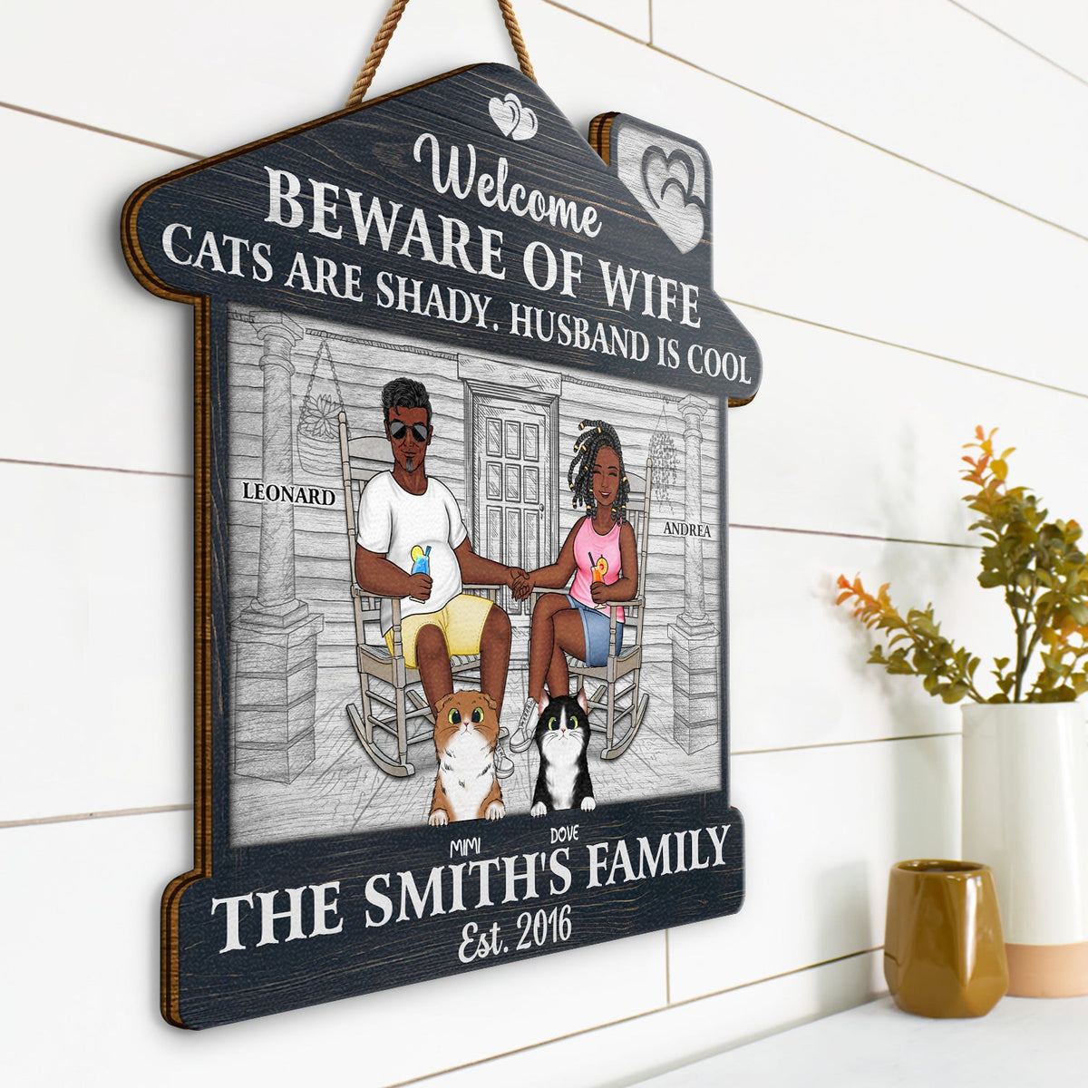 Family Couple Welcome Beware Of Wife Dogs Cats Are Shady Husband Is Cool - Gift For Pet Lovers - Personalized Custom Shaped Wood Sign