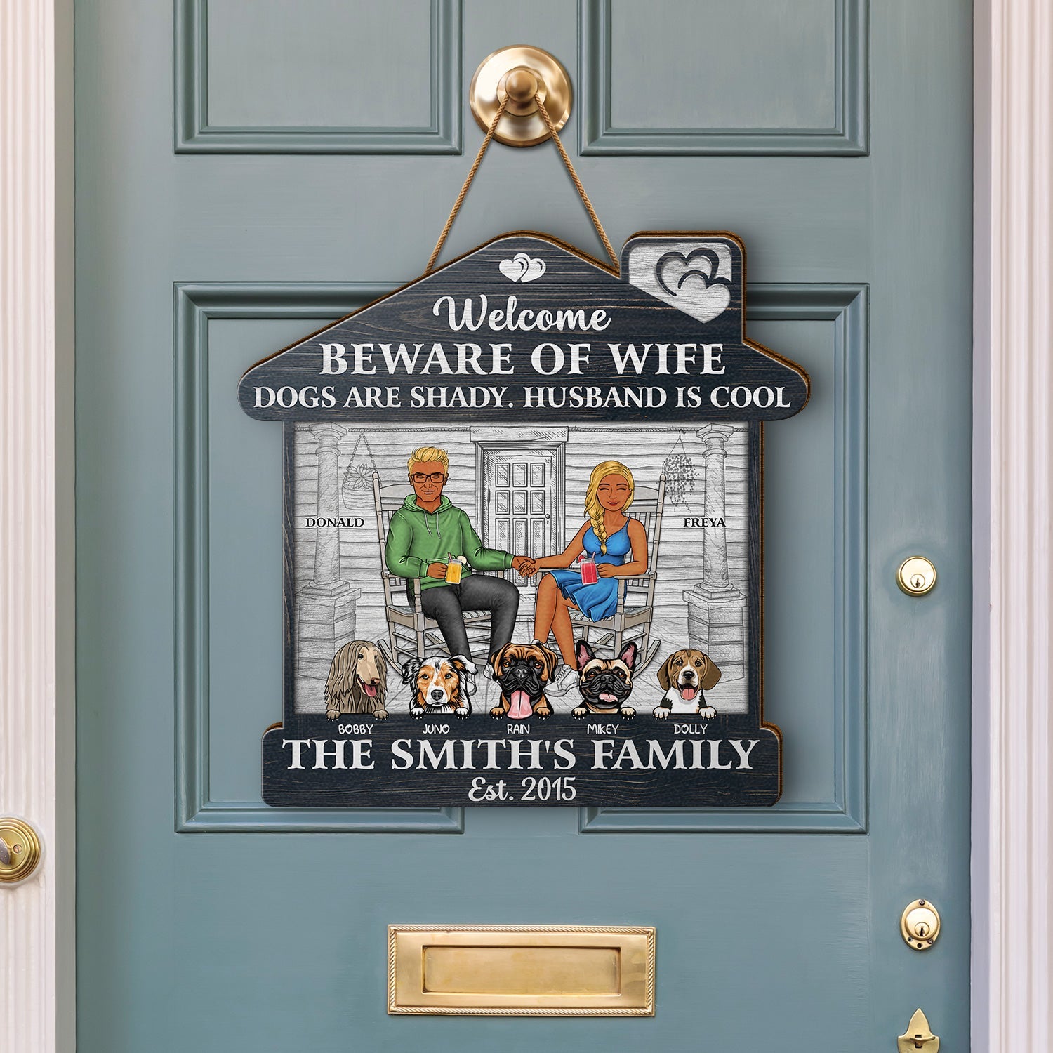 Family Couple Welcome Beware Of Wife Dogs Cats Are Shady Husband Is Cool - Gift For Pet Lovers - Personalized Custom Shaped Wood Sign