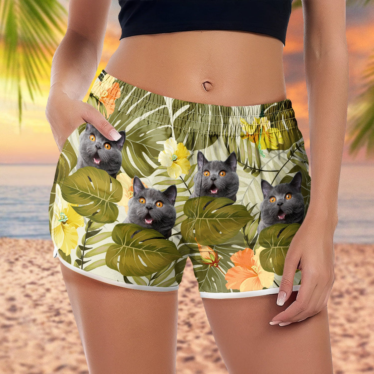 Custom Photo Funny Family Pet Face - Gift For Women, Besties, Sisters, Dog And Cat Lovers - Personalized Custom Women Beach Shorts