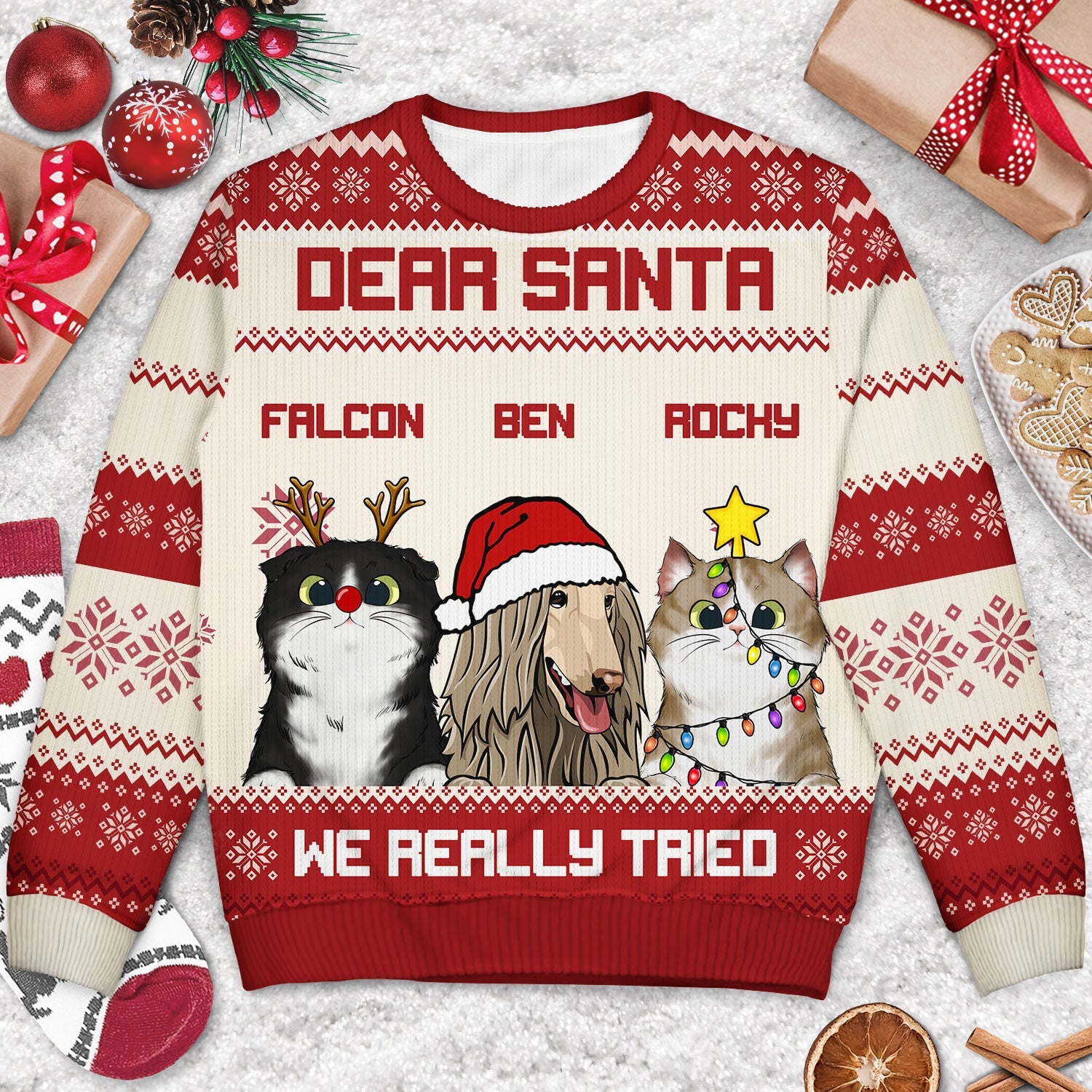 Dear Santa We Really Tried - Funny, Christmas Gift For Cat Lovers, Dog Lovers - Personalized Unisex Ugly Sweater