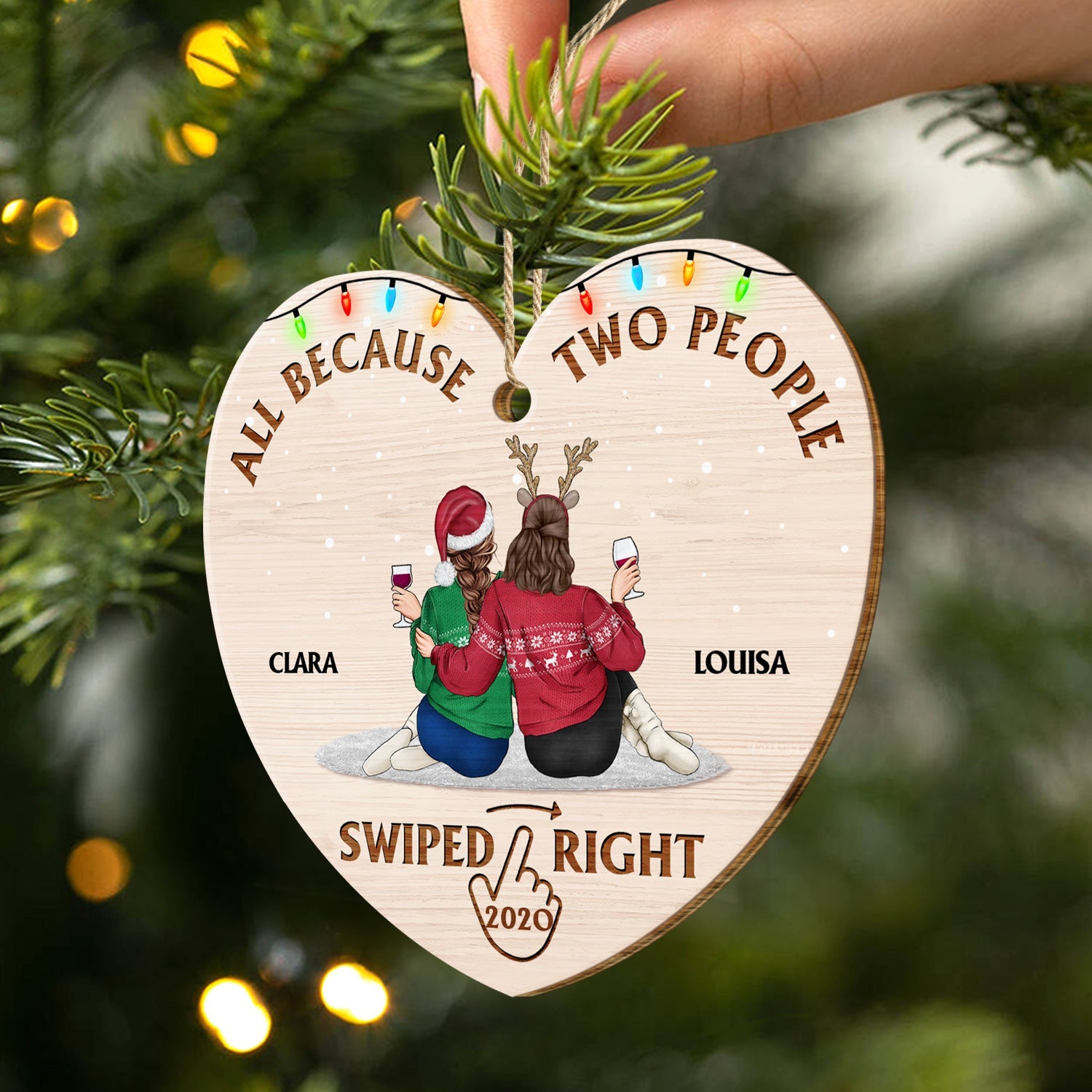 All Because Two People Swiped Right - Christmas Gift For Couples, Husband, Wife - Personalized Custom Shaped Wooden Ornament