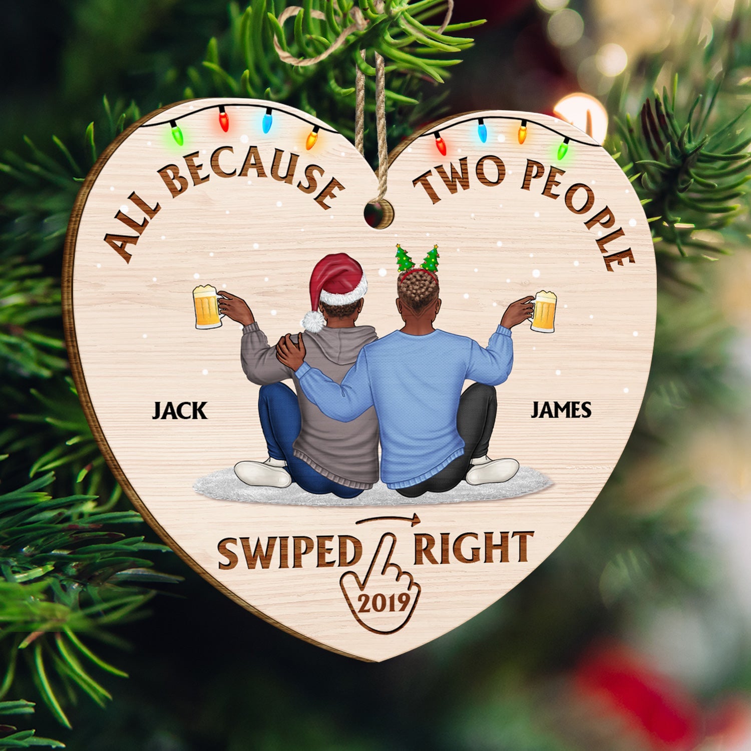 All Because Two People Swiped Right - Christmas Gift For Couples, Husband, Wife - Personalized Custom Shaped Wooden Ornament