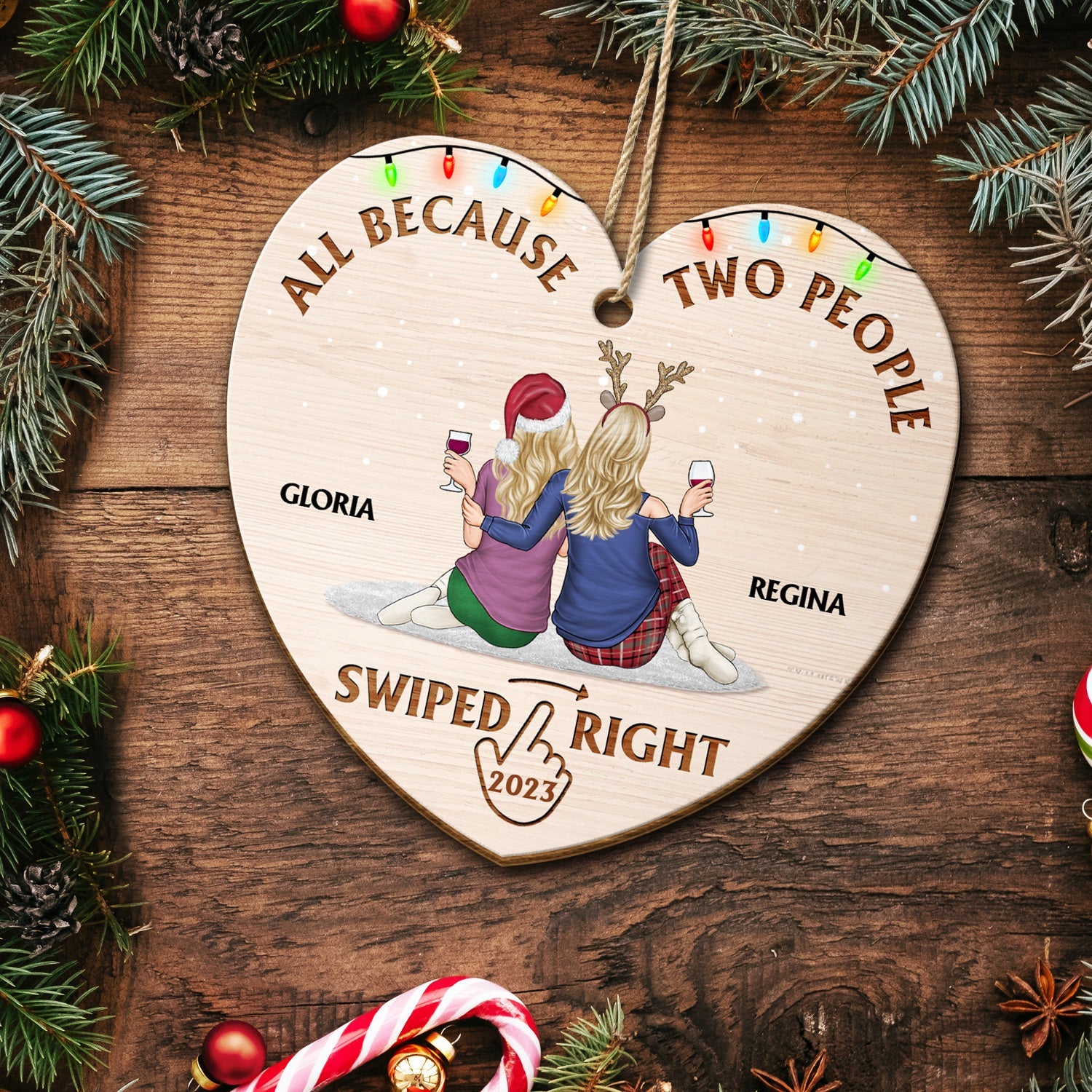 All Because Two People Swiped Right - Christmas Gift For Couples, Husband, Wife - Personalized Custom Shaped Wooden Ornament