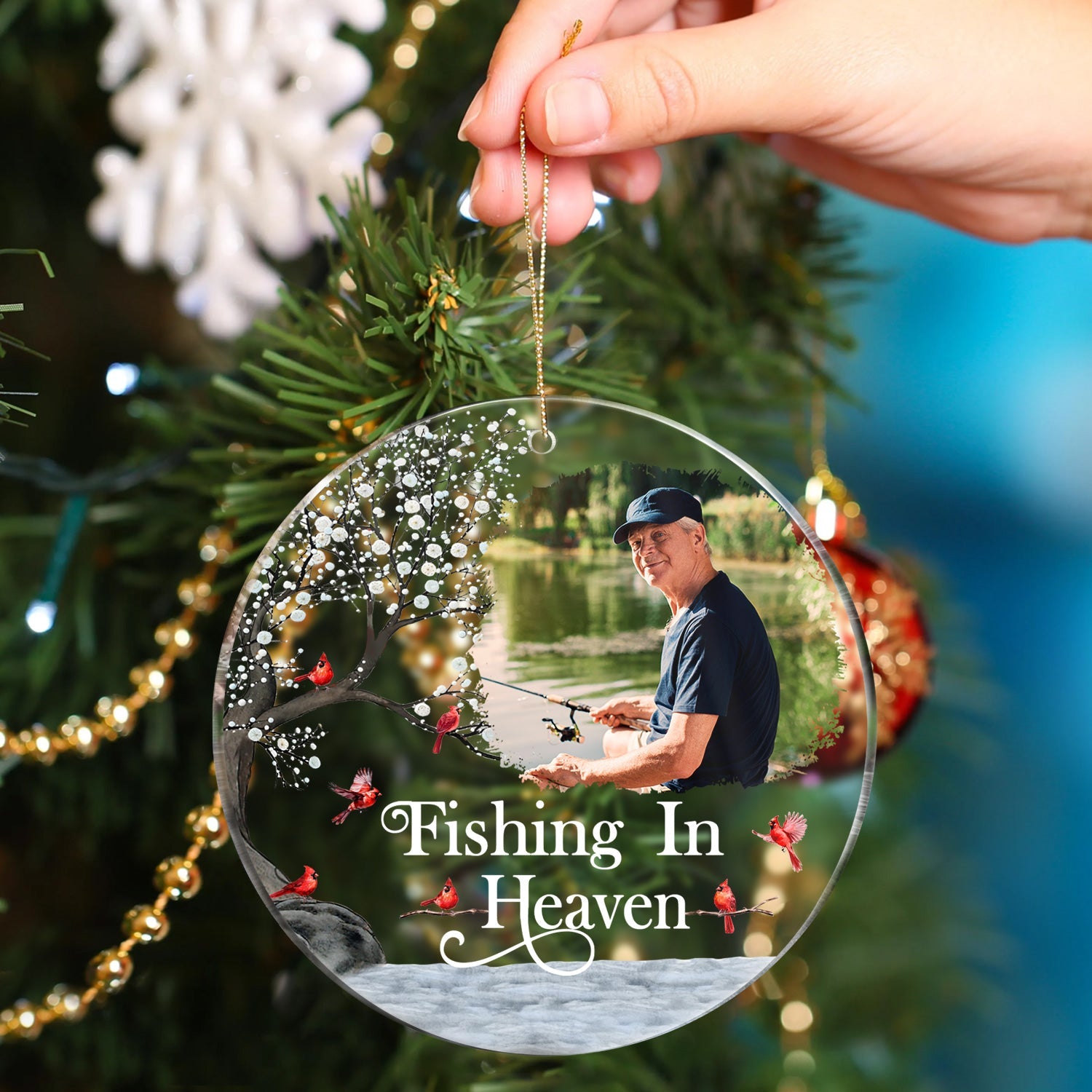 Custom Photo Fishing In Heaven - Memorial Gift For Family, Friends, Siblings, Fisherman - Personalized Circle Acrylic Ornament