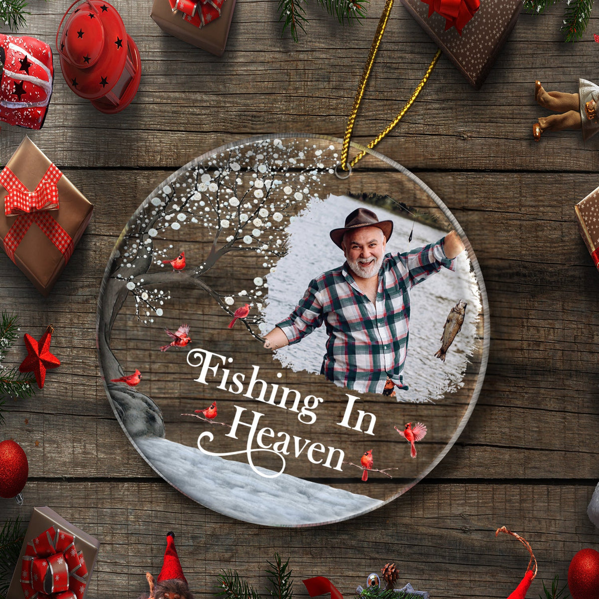 Custom Photo Fishing In Heaven - Memorial Gift For Family, Friends, Siblings, Fisherman - Personalized Circle Acrylic Ornament