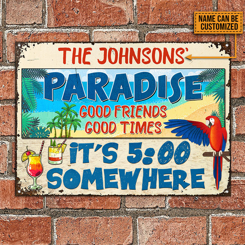 Beach Parrot Paradise It's 5 O'Clock Somewhere, Beach House, Outdoor Bar Decor, Custom Classic Metal Signs