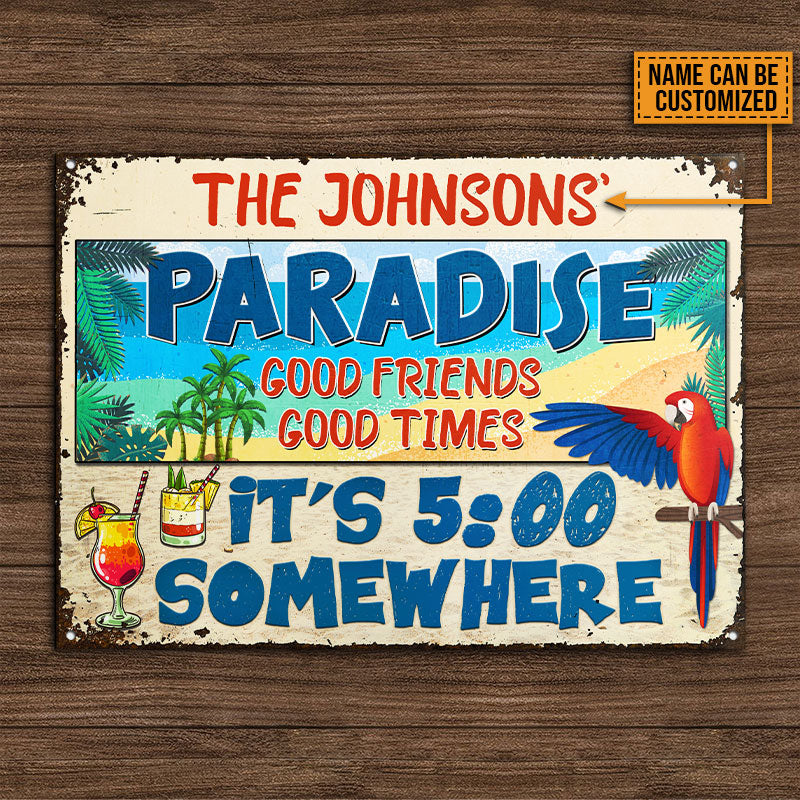 Beach Parrot Paradise It's 5 O'Clock Somewhere, Beach House, Outdoor Bar Decor, Custom Classic Metal Signs