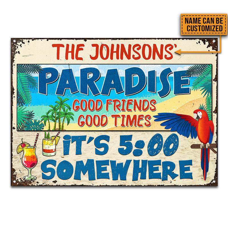 Beach Parrot Paradise It's 5 O'Clock Somewhere, Beach House, Outdoor Bar Decor, Custom Classic Metal Signs