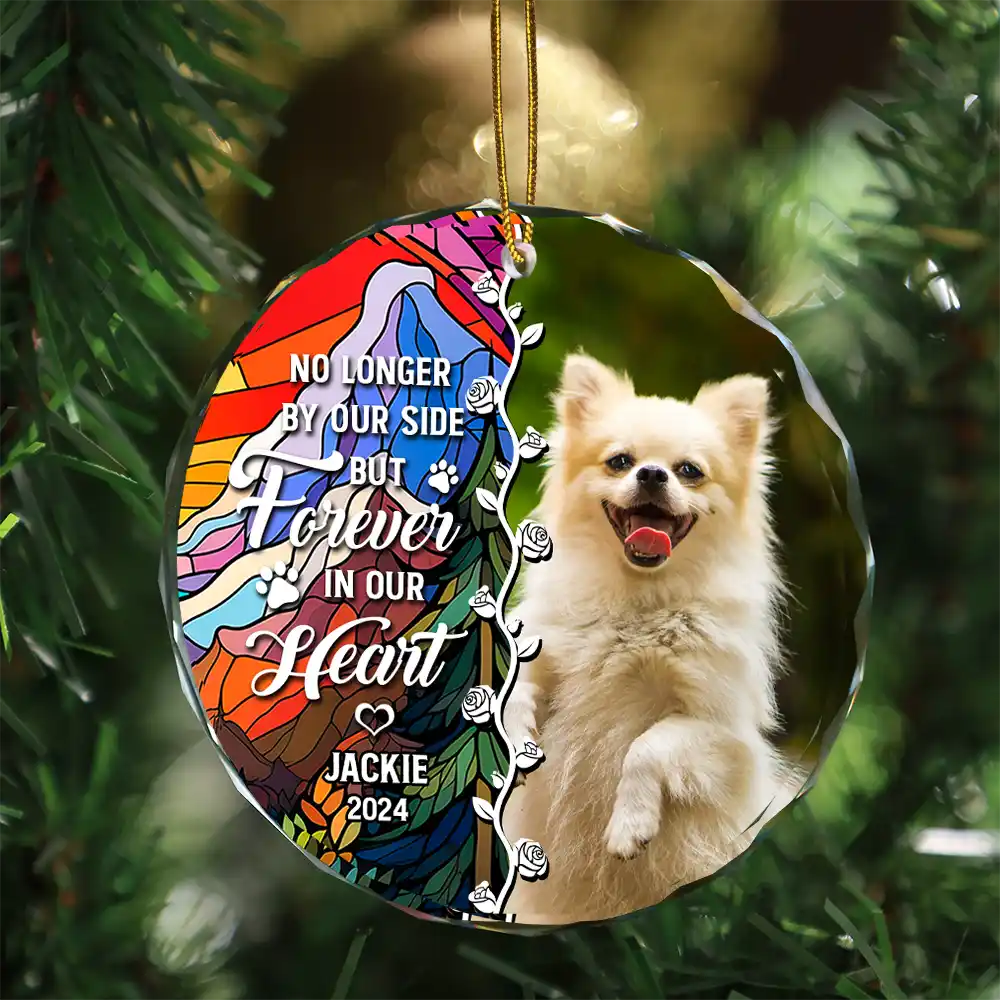 Custom Photo No Longer By Our Side Dog Cat Pet Memorial Heart - Personalized Circle Glass Ornament