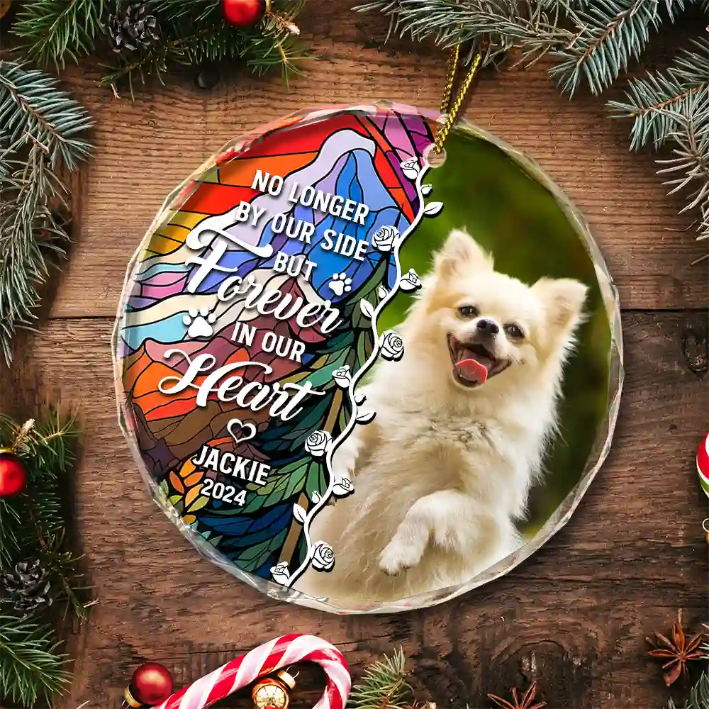 Custom Photo No Longer By Our Side Dog Cat Pet Memorial Heart - Personalized Circle Glass Ornament