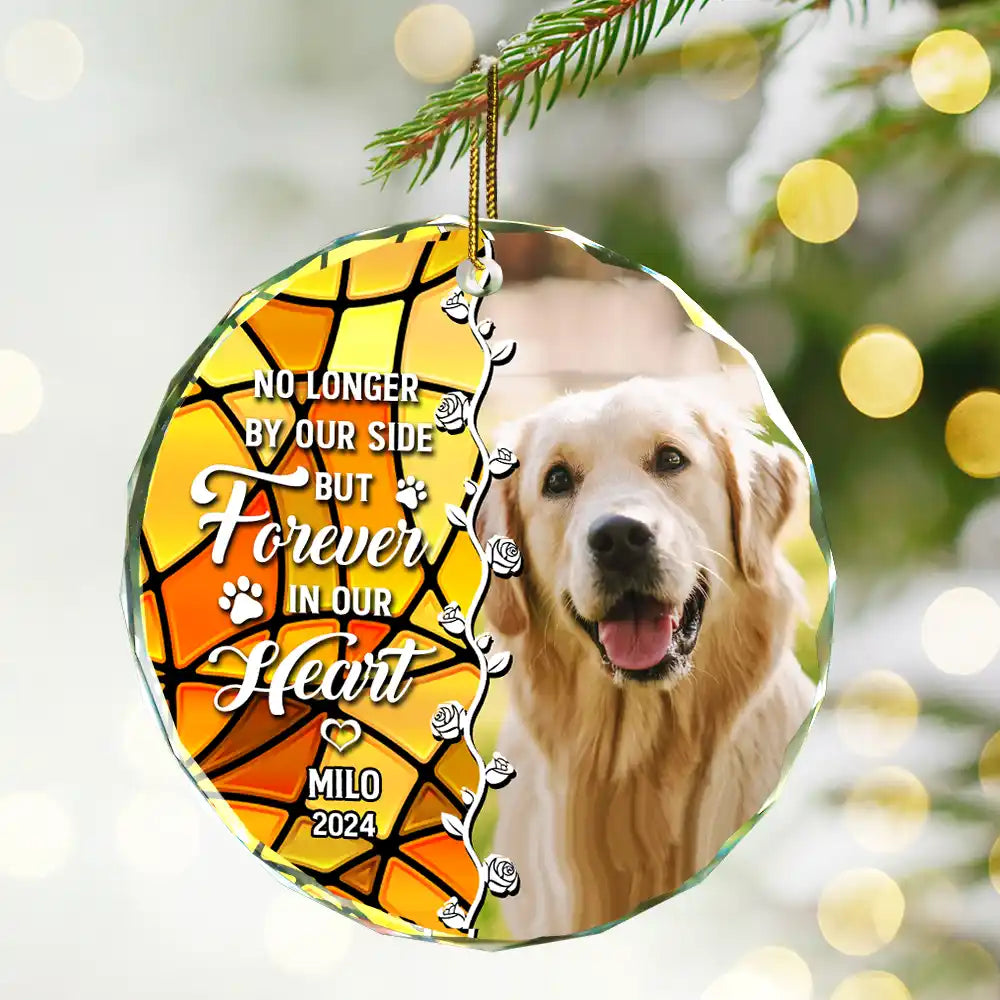 Custom Photo No Longer By Our Side Dog Cat Pet Memorial Heart - Personalized Circle Glass Ornament