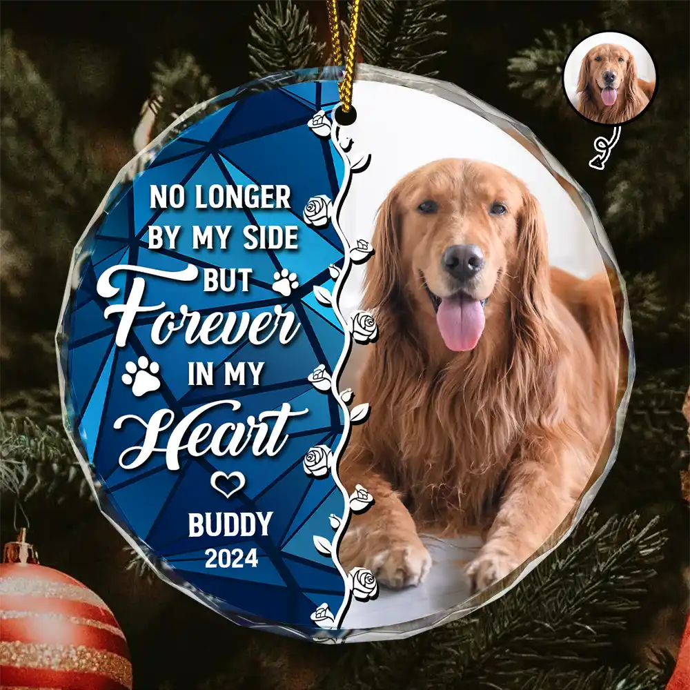 Custom Photo No Longer By Our Side Dog Cat Pet Memorial Heart - Personalized Circle Glass Ornament