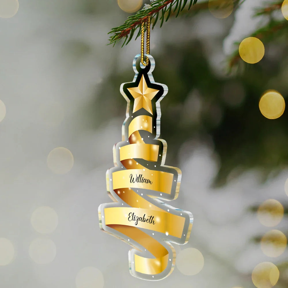 Family Names Ribbon Christmas Tree - Personalized Custom Shaped Acrylic Ornament