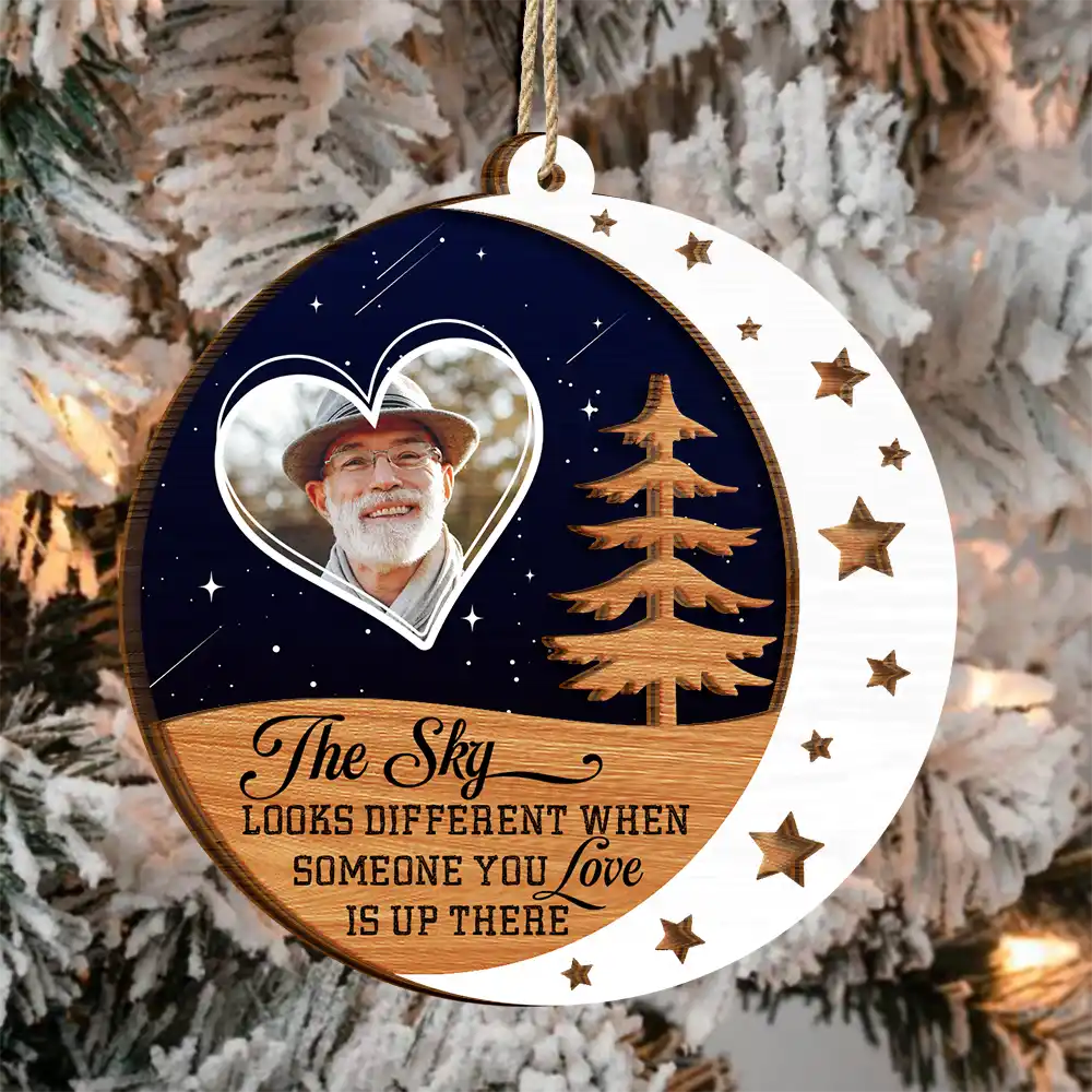 Custom Photo The Sky Looks Different Memorial - Personalized 2-Layered Wooden Ornament