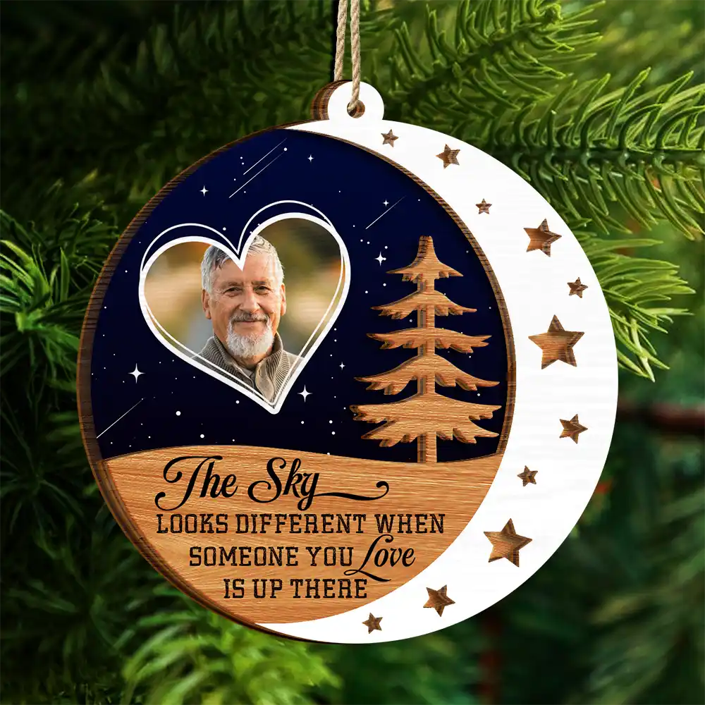 Custom Photo The Sky Looks Different Memorial - Personalized 2-Layered Wooden Ornament