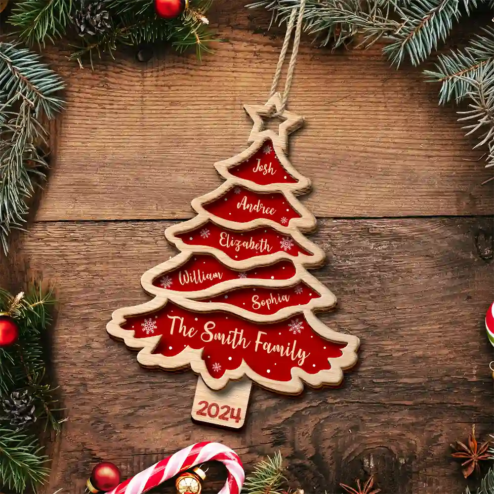 Christmas Tree Family Bestie Custom Names Version 3 - Personalized 2-Layered Wooden Ornament