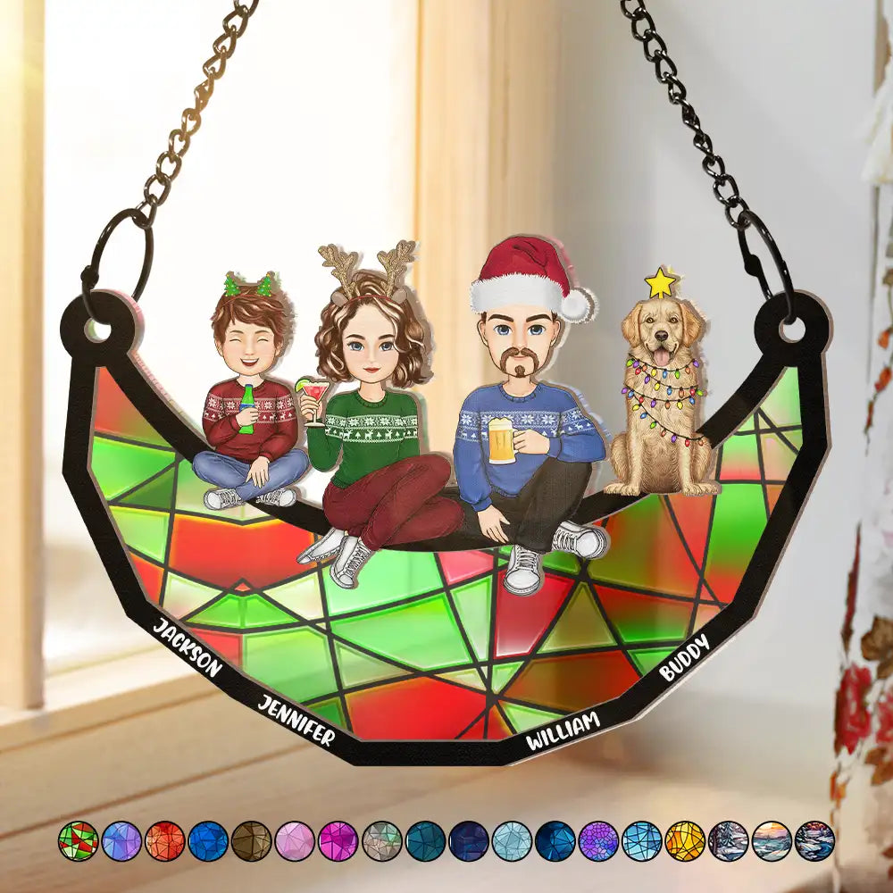 Family Sitting On The Moon - Personalized Window Hanging Suncatcher Ornament