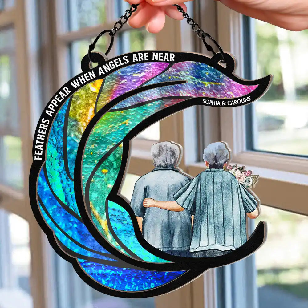 Memorial, Gift For Couples, Old Couples - Memorial Couple Feathers Appear When Angels Are Near - Personalized Window Hanging Suncatcher Ornament