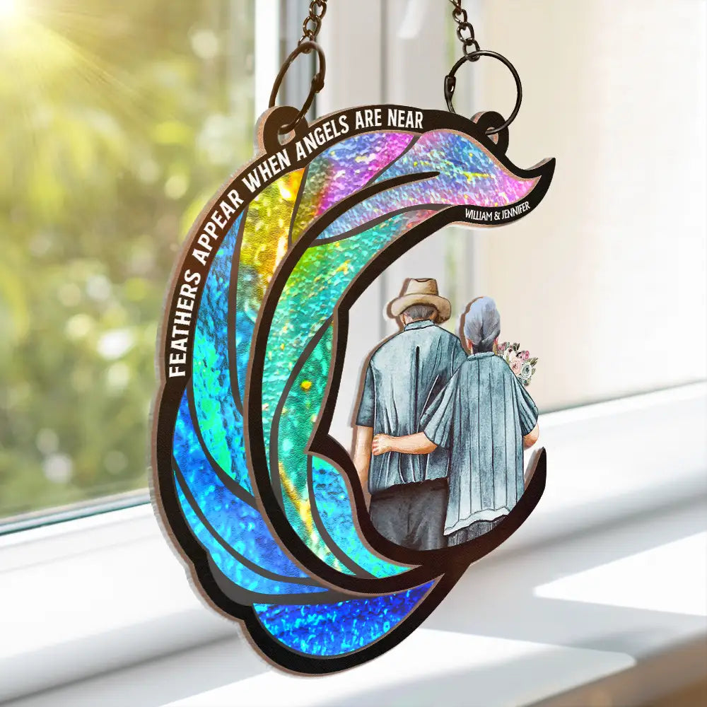 Memorial, Gift For Couples, Old Couples - Memorial Couple Feathers Appear When Angels Are Near - Personalized Window Hanging Suncatcher Ornament