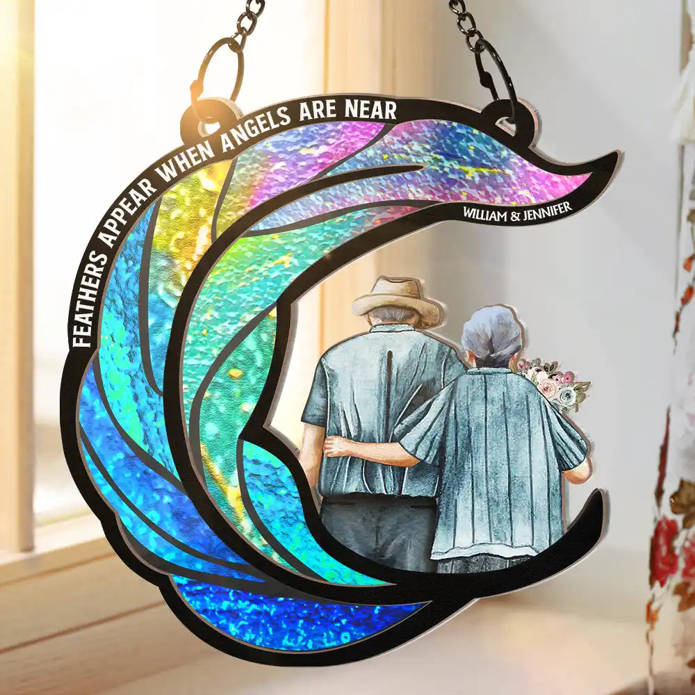 Memorial, Gift For Couples, Old Couples - Memorial Couple Feathers Appear When Angels Are Near - Personalized Window Hanging Suncatcher Ornament