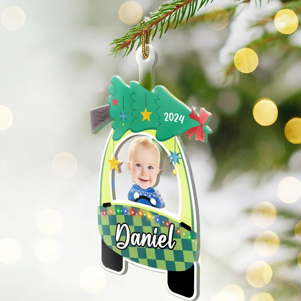 Christmas,Gift For Kids,Parents,Gift For Grandparents,Continue Shopping,Happy - Custom Photo Cute Baby First Christmas Car - Personalized Cutout Acrylic Ornament