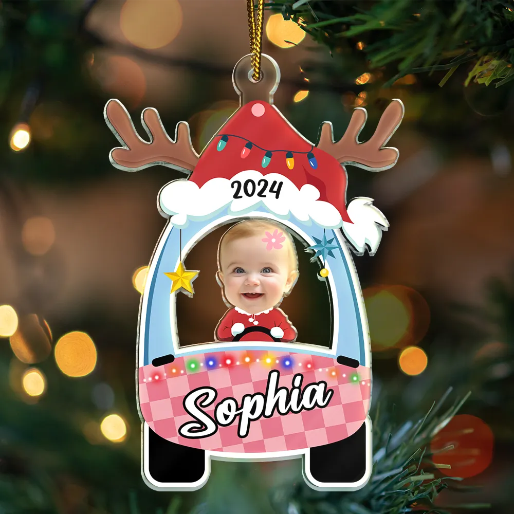 Christmas,Gift For Kids,Parents,Gift For Grandparents,Continue Shopping,Happy - Custom Photo Cute Baby First Christmas Car - Personalized Cutout Acrylic Ornament