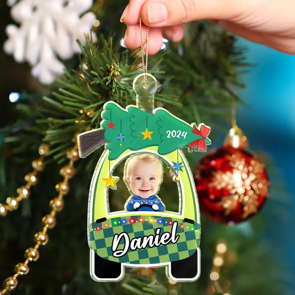 Christmas,Gift For Kids,Parents,Gift For Grandparents,Continue Shopping,Happy - Custom Photo Cute Baby First Christmas Car - Personalized Cutout Acrylic Ornament