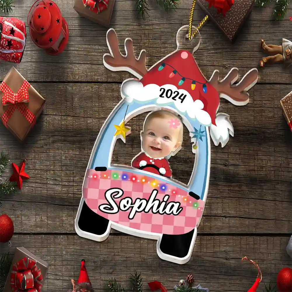 Christmas,Gift For Kids,Parents,Gift For Grandparents,Continue Shopping,Happy - Custom Photo Cute Baby First Christmas Car - Personalized Cutout Acrylic Ornament