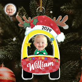 Christmas,Gift For Kids,Parents,Gift For Grandparents,Continue Shopping,Happy - Custom Photo Cute Baby First Christmas Car - Personalized Cutout Acrylic Ornament