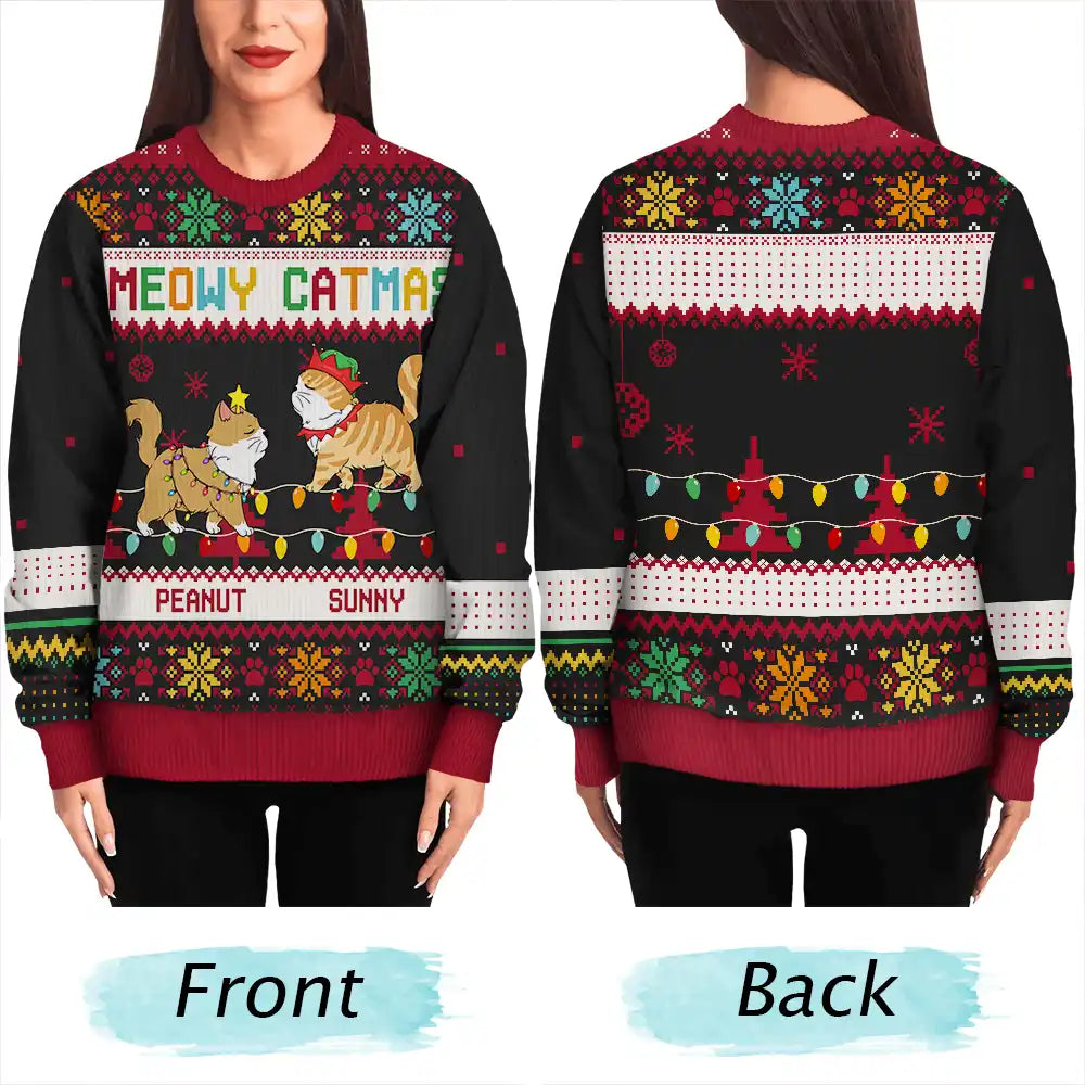 Christmas Funny Walking Cats Meowy Catmas Happy Pawlidays - Personalized Unisex Ugly Sweater